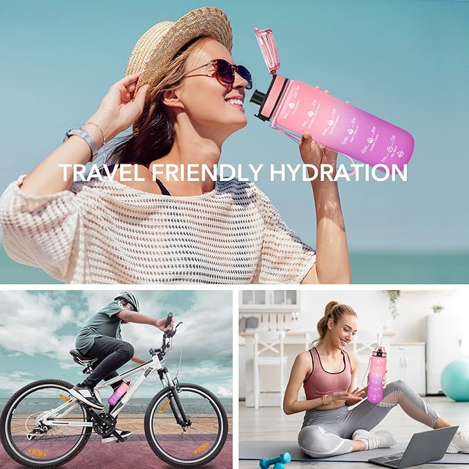 GOSWAG 32oz Motivational Water Bottles with Time Marker and Fruit Strainer, Sports Water Bottle with Times to Drink, Leakproof, Reusable Plastic Bottle with Strap no Straw for Gym, School