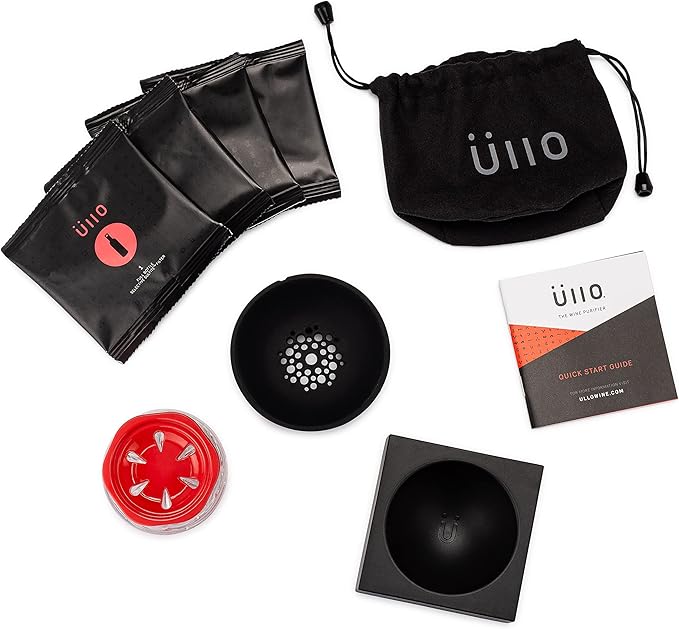 Ullo Wine Purifier with 4 Selective Sulfite Filters. Remove Sulfites and Histamines, Restore Taste, Aerate, and Experience the Magic of Ullo purified wine.