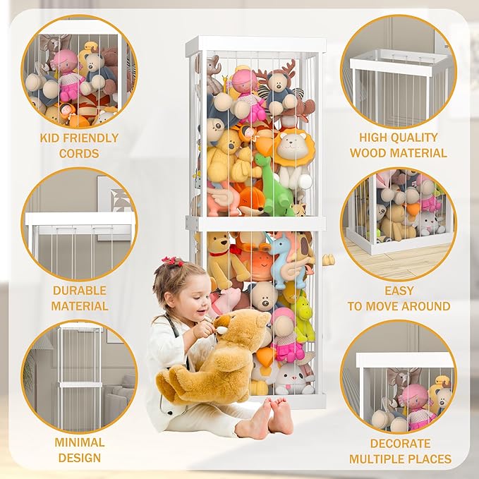 Stuffed Animal Zoo Storage, Large Capacity Wood Stuffed Animal Storage Shelf for Kids, Large Zoo Cage for Stuffed Animals with Elastic Band, Animal Toy Holder, for Nursery Playroom Bedroom Kid Room