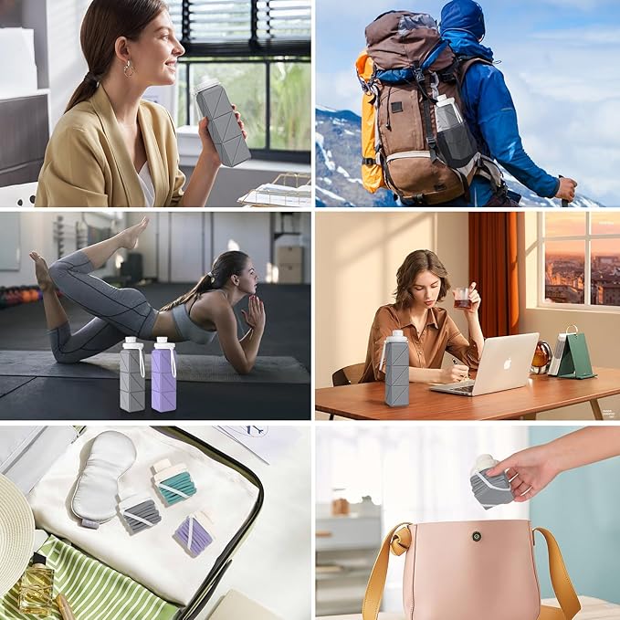 Collapsible Water Bottles,BPA-Free Leak-Proof Silicone Foldable Water Bottle Cup 20.6oz,Durable Lightweight Bottle for Gym Travel Camping Hiking Running (Grey)