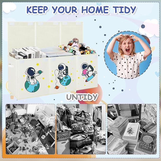 Toy Storage Box with Lid,Extra Large Toy Box Chest Bin Organizer Basket with Dividers for Toddlers,Kids,Boys,Girls,Living Room Area (Beige Astronaut)