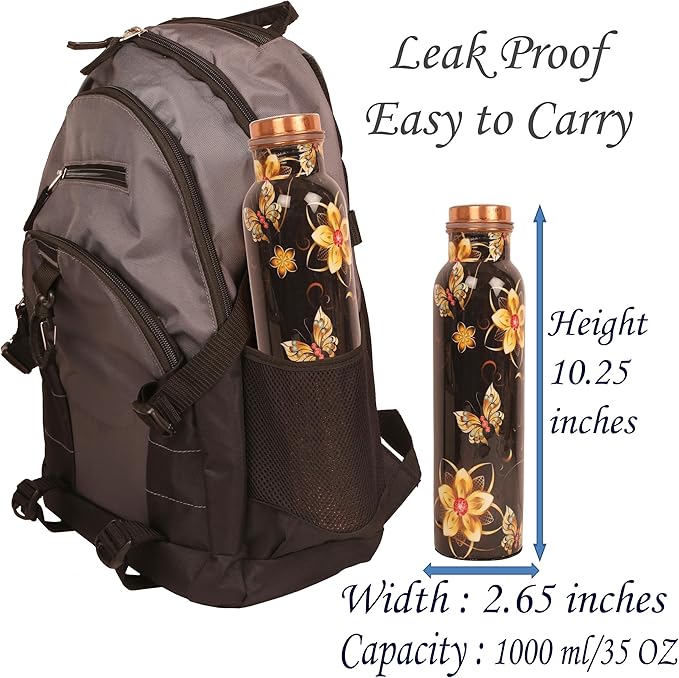 Pure Copper Water Bottle - Handcrafted - Ayurveda health benefits - Large 35 oz - Leak proof - Easy to carry for Sports, Fitness, Yoga, School - Black Base Floral Textured Colorful