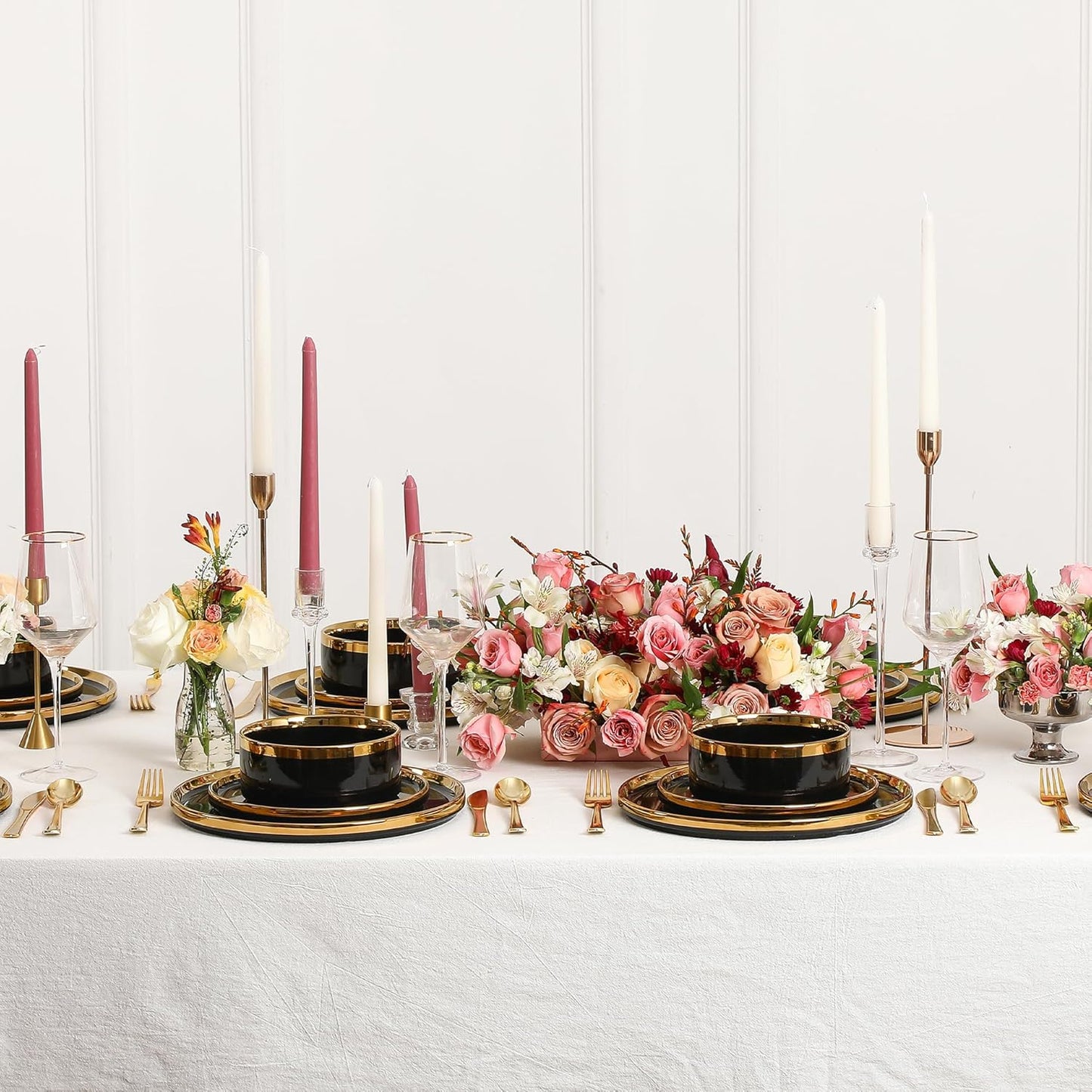 Christian Siriano Solene Stoneware Dinnerware, 12-Piece Plates and Bowls Set, Dish Set for 4, Black with Gold Rim, Glossy Finish, Hand Wash Only