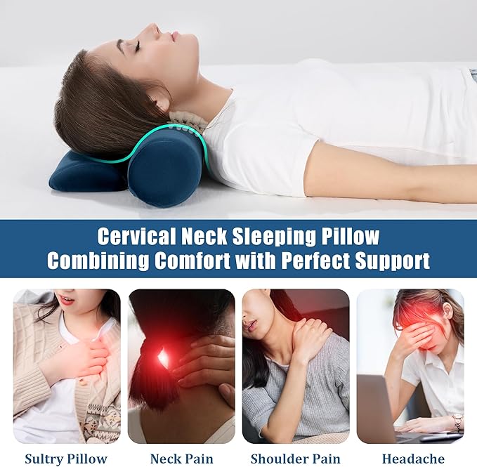BALAPET Cervical Neck Pillow Adjustable Neck Roll Pillow for Comfortable Sleeping,Neck Support Pillow with Detachable Pad for Body Lumbar Knee Leg Relieve Muscle Tension Spine Alignment(navy blue)