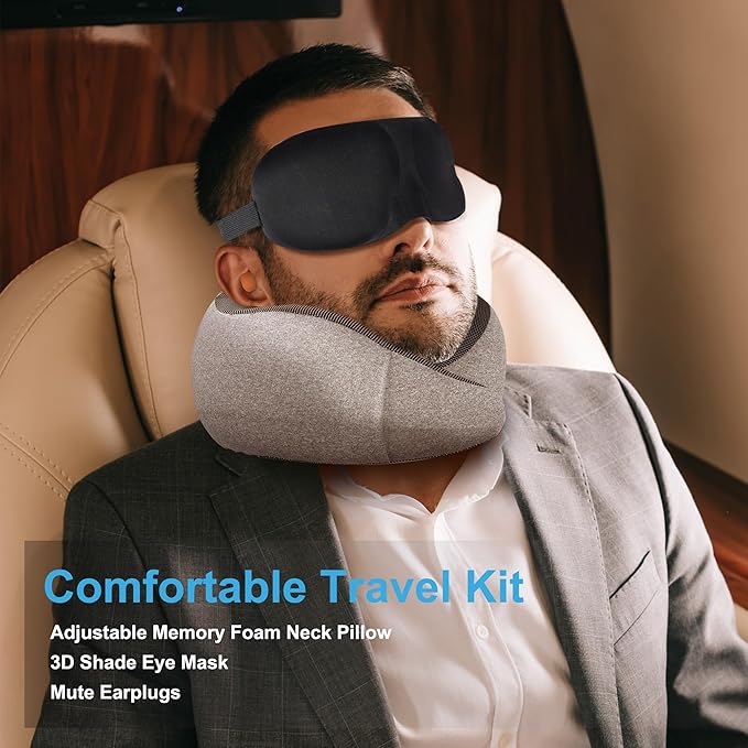 MULIHOMI™ Travel Pillow for Airplane with 100% Memory Foam, 360° Adjustable Full Surrounding Flying Neck Pillows, Travel Pillow Set (Grey)