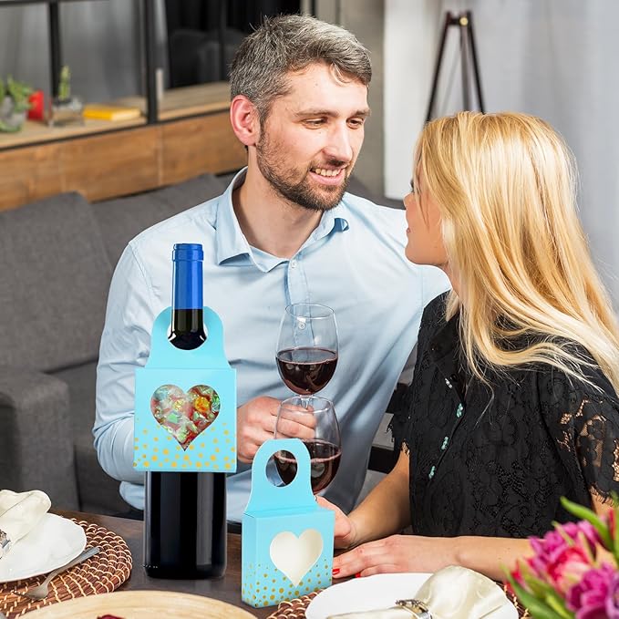 ISKYBOB 25 Pieces Wine Bottle Box with Window, Kraft Paper Wine Boxes for Gifts Hanging Wine Bottle Gift Box Foldable Wine Bottle Hanger Favor Box for Holding Candy Truffles Chocolate Cookies (Blue)