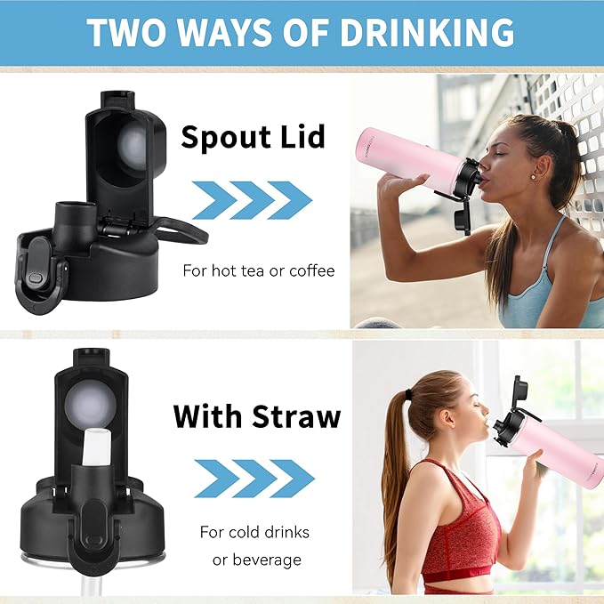 Insulated water bottle with Straw,24oz Stainless Steel Water Bottle for Adult Kids,Double Wall Vacuum Wide Mouth Insulated Water Bottle for Sports,BPA-free and Leak-proof（24oz,Pink）