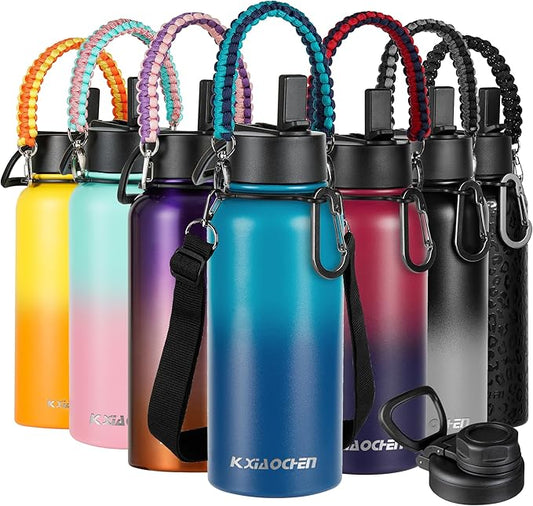 40 oz Insulated Water Bottle with Paracord Handles & Strap, 2 Lids(Straw Lid&Spout Lid), Stainless Steel Reusable Wide Mouth Metal Water Bottle With Straw (Dark Night)