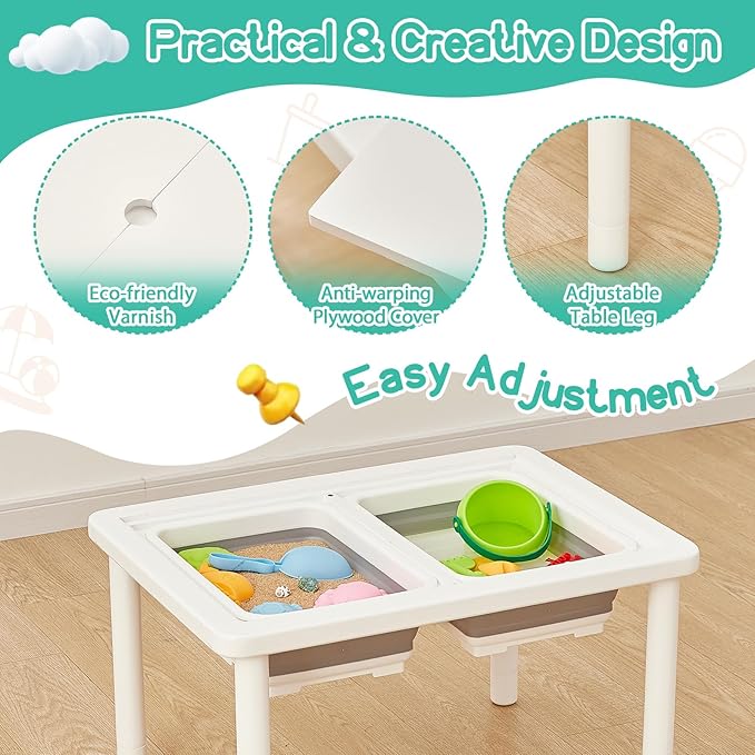 FUNLIO Wooden Sensory Table with 2 Bins for Toddlers 1-5, 3-Level Height Adjustable Kids Sensory Table with Anti-Warping Plywood Lid, Indoor/Outdoor Play Sand and Water Table, CPC Certified, White