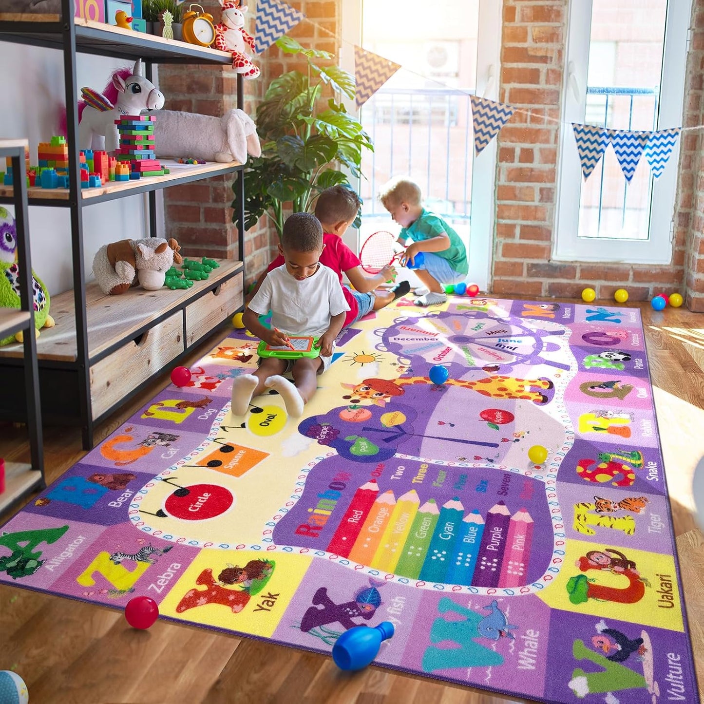 Kids Rugs for Playroom Bedroom Classroom Nursery, Non-Slip and Washable Rugs for Children Toddlers Girls, Educational and Fun Rug Carpets with ABC Alphabet Animals Shapes, 4x6, Purple