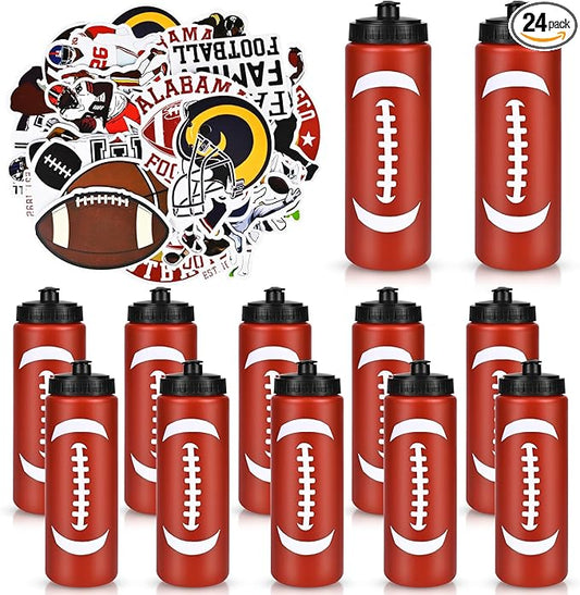 12 Pack Bulk Football Sports Water Bottle with 12 Pack Sticker Gift Set, Squeeze BPA-Free Reusable Water Bottles for Football Team Party Favors Gift（20OZ）