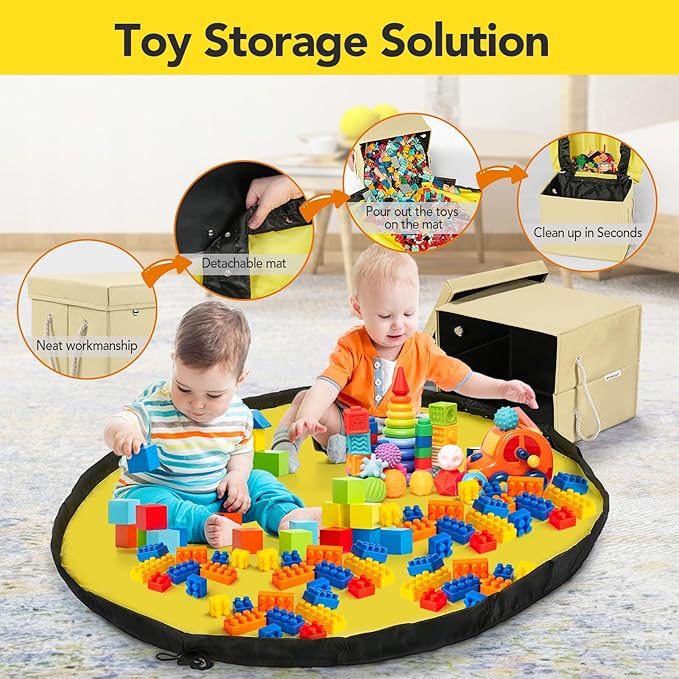 Toy Storage Organizer and Play Mat for Kids - Foldable Organizer Storage Bins with Lids - Detachable Mat Storage Bag Kids Toy Box for Boys, Girls, Nursery, Playroom 11.6''x11.6''x15.5''(Beige)