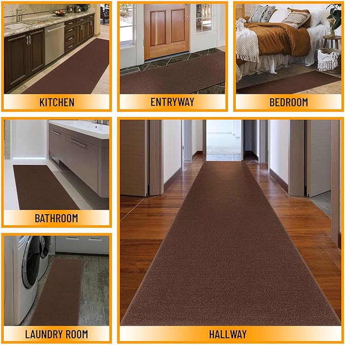 Machine Washable Modern Solid Design Non-Slip Rubberback 3x10 Traditional Runner Rug for Hallway, Kitchen, Bedroom, Living Room, 2'7" x 9'10", Brown