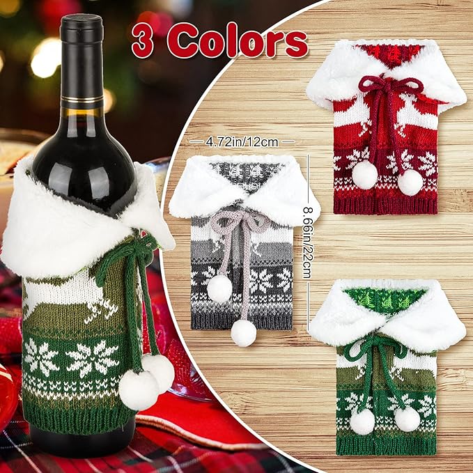Whaline Christmas Wine Bottle Covers Knit Bottle Sweater with Faux Fur Collar Bow Pompom Red Green Gray Reindeer Snowflake Patterned Bottle Dress Christmas Winter Holiday Party Decor Supplies, 3Pcs