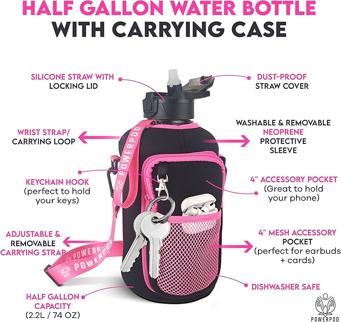 Motivational Half Gallon Water Bottle (74oz, 2.2L) Sports Water Jug + Storage Sleeve, Silicone Straw, Adjustable Carrying Strap - Reusable Water Bottle- BPA Free Water Bottle-Black and Pink