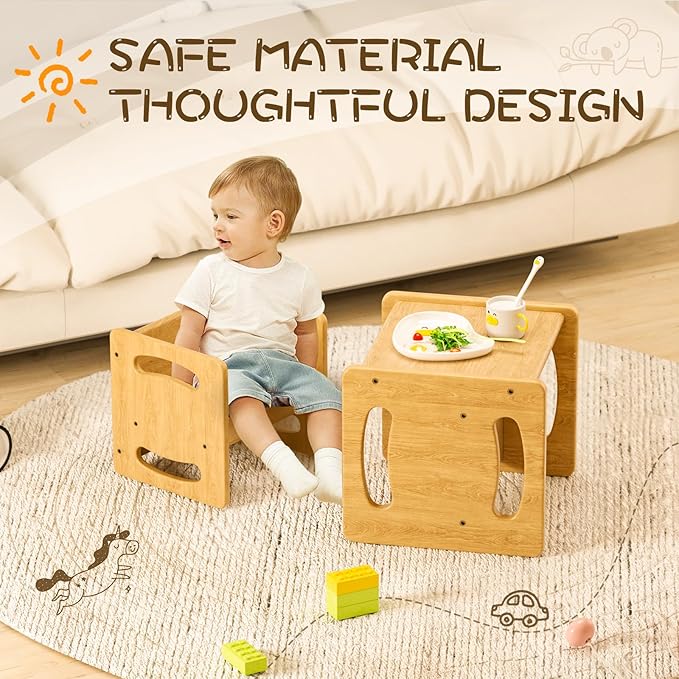 Montessori Weaning Table and Chair Set, Real Hardwood Toddler Table and Chairs Set, for Toddler Reading, Activity, Playing, Snack Time, Step Stool, 1-3 Year Old Kids Montessori Furniture