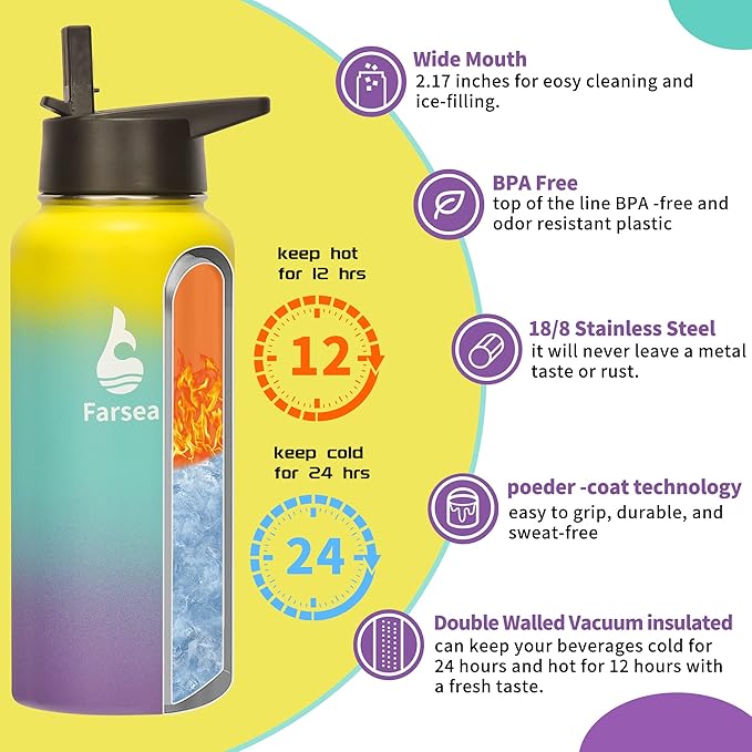 Farsea Insulated Water Bottle with Straw Lid & Spout Lid & Paracord Handle, Stainless Steel Water Bottle Wide Mouth, Double Wall Sweat-Proof BPA-Free, 32 oz, Dawn