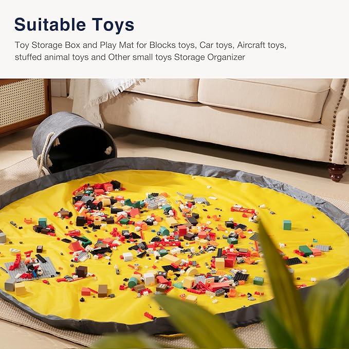 EXQ Home Toy Storage Basket and Building Bricks Toy Play Mat for Kids Rooms- Organizer Storage Organizer for Toys, Playroom Canvas Bag Gift for Boy/Girls (Grey 13" x12")