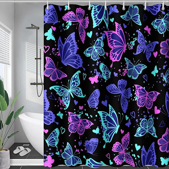 AILONEN Colorful Butterfly Shower Curtain, Butterfly Bath Curtain for Bathroom Decor,Polyester Waterproof with 12 Plastic Hooks 72" W*72" H