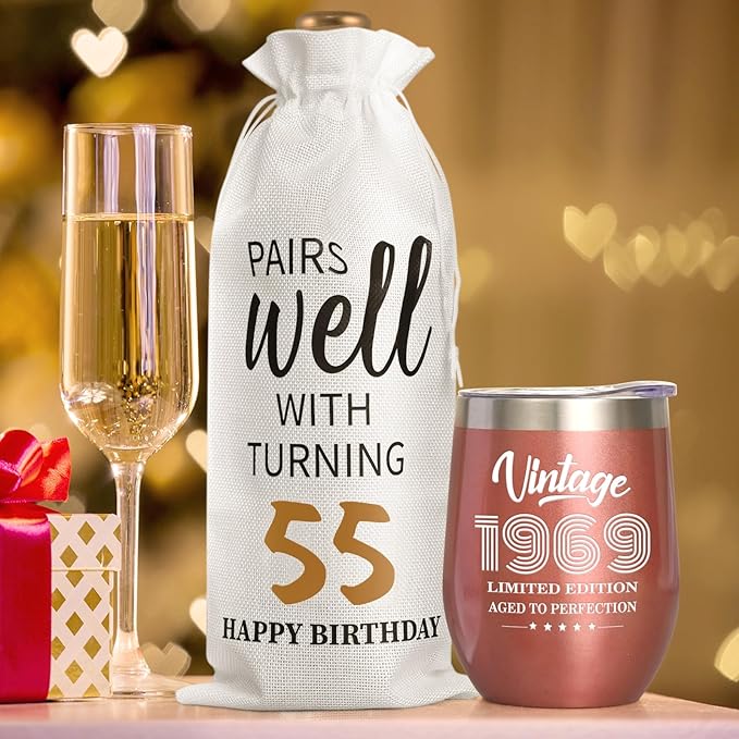 Lifecapido 55th Birthday Gifts for Women, Vintage 1969 Limited Edition Insulated Wine Tumbler with Wine Bag, 55 Year Old 55th Birthday Presents Christmas Gifts for Friends Mom Aunt Wine Lover, 12 oz