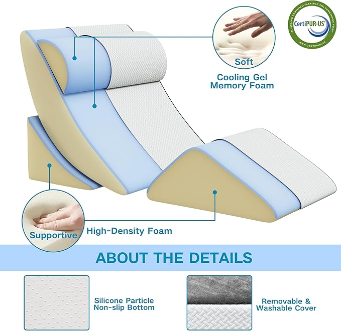 Orthopedic Bed Wedge Pillow Set, 4Pcs Wedge Pillow for Sleeping, Adjustable Incline Elevated Memory Foam Wedge Pillow for Post Surgery, Snoring, Back, Leg Pain, Acid Reflux Relief