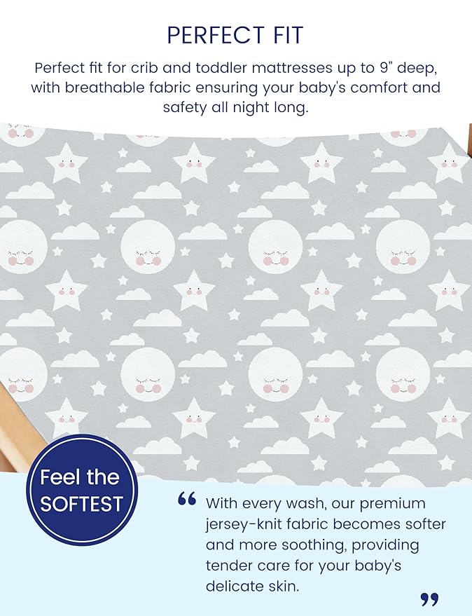TotAha Premium Stretchy Crib Sheets (2-Pack)-Hypoallergenic, Silky Comfort, Buttery Soft, Calming Effect, All-Season Jersey-Knit Sheets, 9'' Extra Deep Pocket, Moon & Grey Sky
