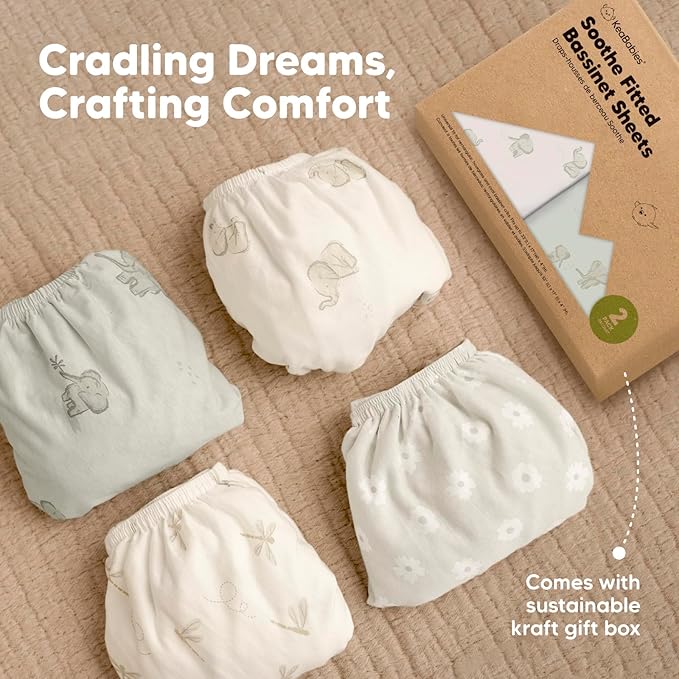 2-Pack Organic Bassinet Sheets for Girls, Boys - 100% Cotton Bassinet Mattress Sheets Compatible with Halo Bassinest Swivel Sleeper, Graco, Baby Delight, Chicco,Unisex Fitted Bassinet Sheets (Bunnies)