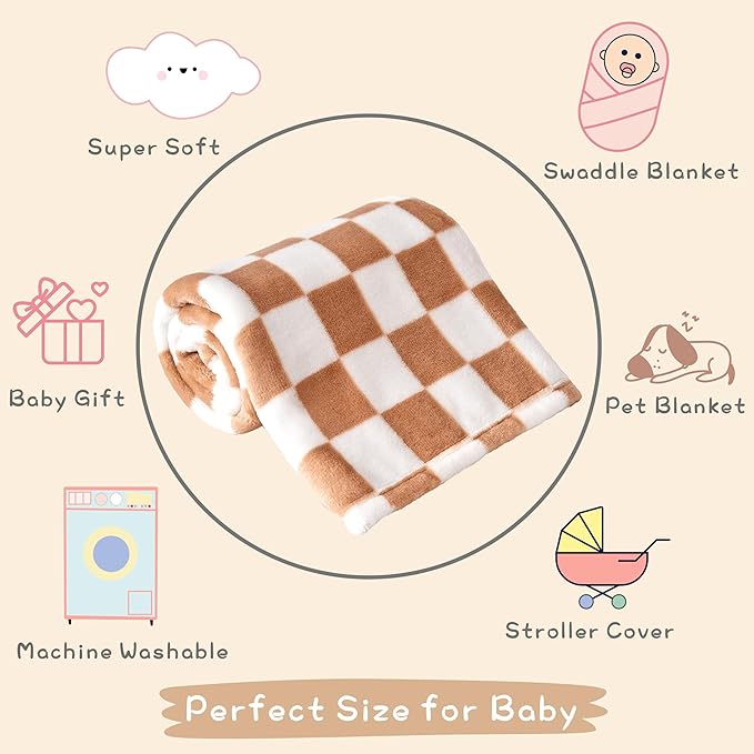 Checkered Baby Blanket Fleece Baby Blankets Neutral for Boys Girls, Super Soft Warm Lightweight Infant Toddler Newborn Receiving Blankets for Crib Stroller, 30''x40'', Khaki