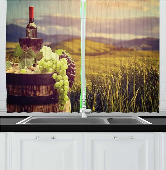 Ambesonne Wine Kitchen Curtains, Italy Tuscany Landscape Rural Vineyard Autumn Harvest Grapes Drink Viticulture, Window Drapes 2 Panel Set for Kitchen Cafe Decor, 55" x 36", Black Taupe