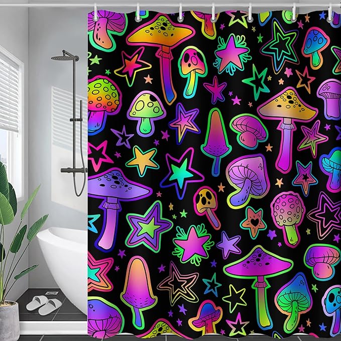 AILONEN Cute Mushroom Window Curtain for Kids,Star Purple Mushroom Curtain for Bathroom Decor,Gradient Mushroom Polyester Waterproof with 12 Plastic Hooks 72" W*96" H