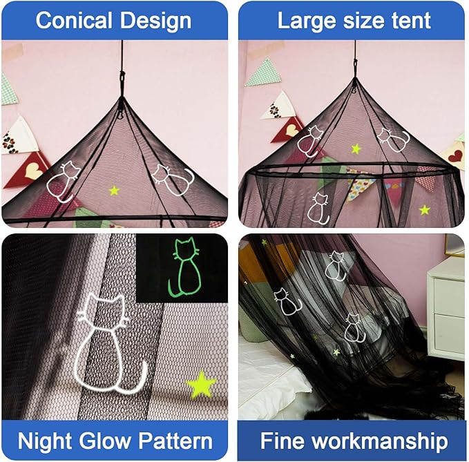 Daksha Black Princess Bed Canopy for Girls with Glowing Stars and Cats, Ceiling Tent for Kids Room Decor, Fits Twin, Full and Queen Size Beds