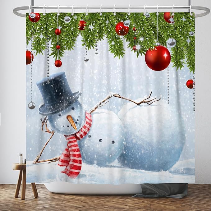 Funny Christmas Shower Curtain for Bathroom Snowman Snowflake Red Christmas Ball Winter Holiday Kids Bathroom Curtain with Hook,72x72 Inch