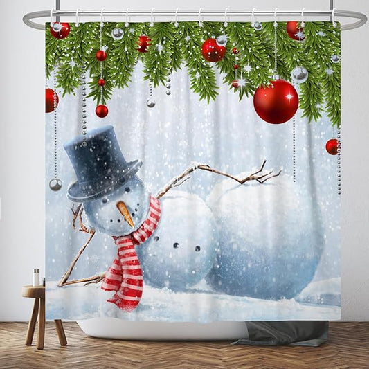 Funny Christmas Shower Curtain for Bathroom Snowman Snowflake Red Christmas Ball Winter Holiday Kids Bathroom Curtain with Hook,72x72 Inch