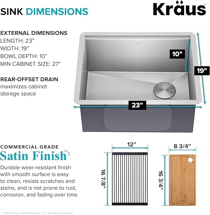 KRAUS KWU111-23 Kore Workstation 23-inch Undermount 16 Gauge Single Bowl Stainless Steel Kitchen Sink with Integrated Ledge and Accessories (Pack of 5)
