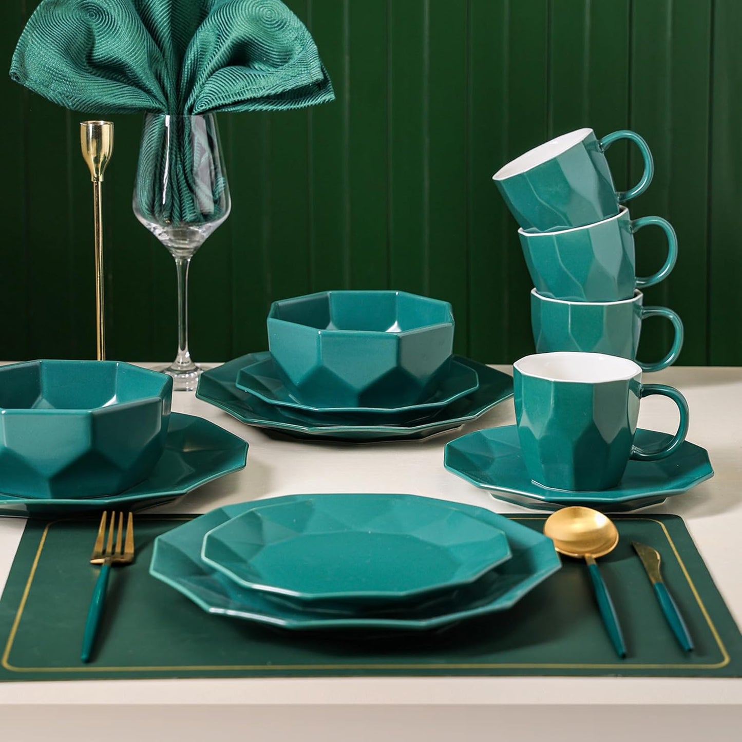 Stone + Lain Jamie Porcelain 32-Piece Geometric Dinnerware Set, Green