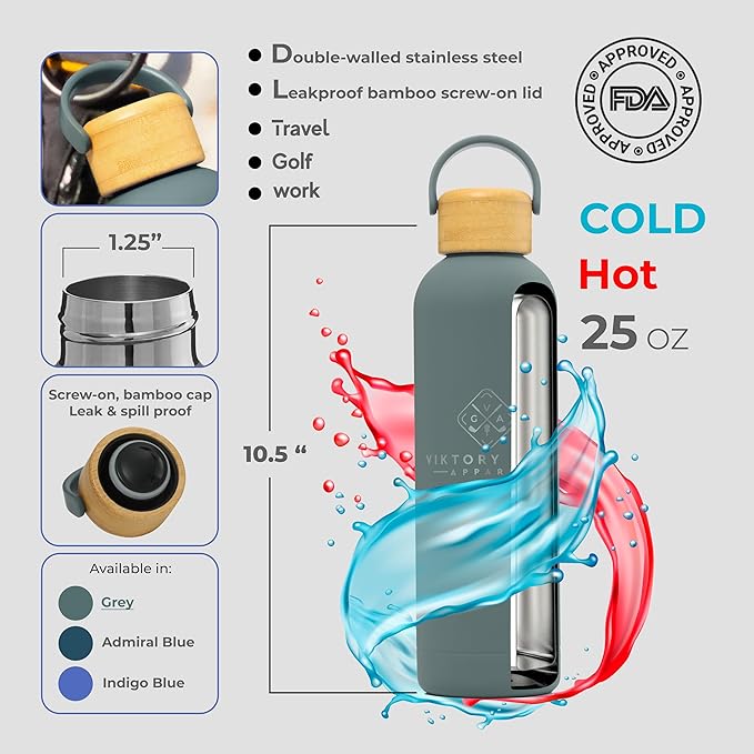 Premium, Double-Walled, Vacuum Sealed, Insulated Water Bottle - 25 oz (750 ml) with Carry Handle (Gray)