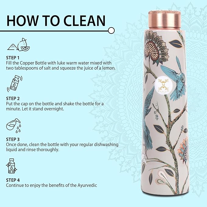Copper Water Bottle A Handmade Ayurvedic Enameled Print Pure Copper Water Bottle For Drinking - Increase Your Water Consumption, and Experience Immediate Health Benefits (ENAMELED PRINT 1)