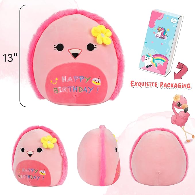 Easfan Pink Flamingo Plush Pillow Cute Stuffed Animal Cuddly Soft Toys Happy Birthday Gifts Plush Pal for Kids Girls Adults, 13-Inch