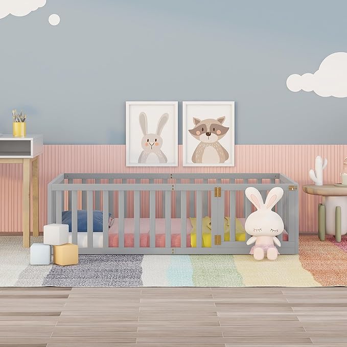 Twin Size Floor Bed with Fence, Solid Wood Floor Bed Frame for Kids with Door, Twin Platform Bed for Boys and Girls Kids Teens, Fun Design Multifunctional Floor Bed