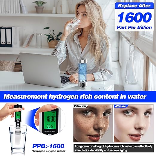 Newest Hydrogen Water Bottle, Ion Hydrogen Water Bottle Generator, Pure Water Electrolysis, Double Glass, Power Display, Electrolysis Timer, for Office, Travel, Gift for Love, Silver