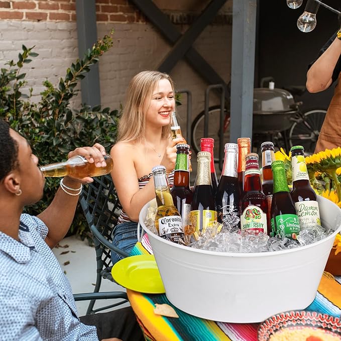 Ice Bucket, Oval Beverage Tub, Galvanized Bucket and drink Cooler for Parties, Ice Tub with Handles for Beer Sparkling Whisky Wine Cocktails (3.5gal) (White*2)