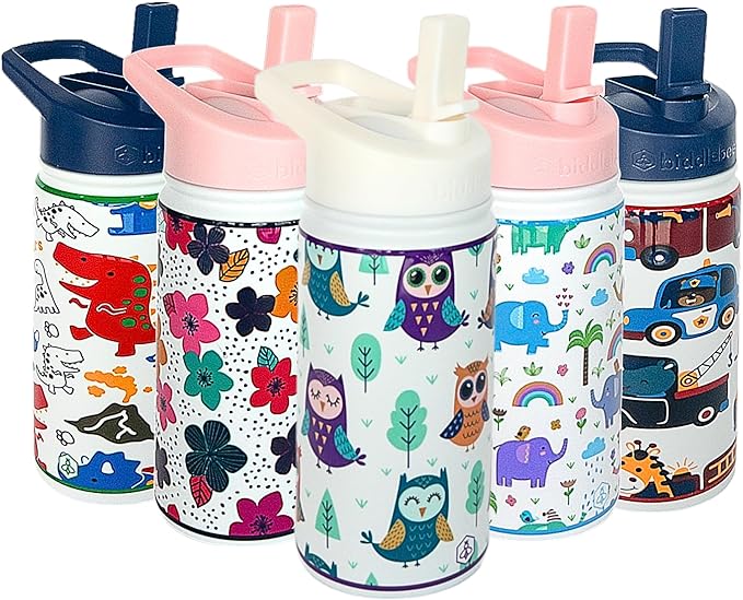 Biddlebee Kids Water Bottle with Straw Lid | 14oz Insulated Stainless Steel Reusable Bottles for School | Leak Proof Cap with Handle & Touch Free Spout | Great for Boys & Girls (Owls)
