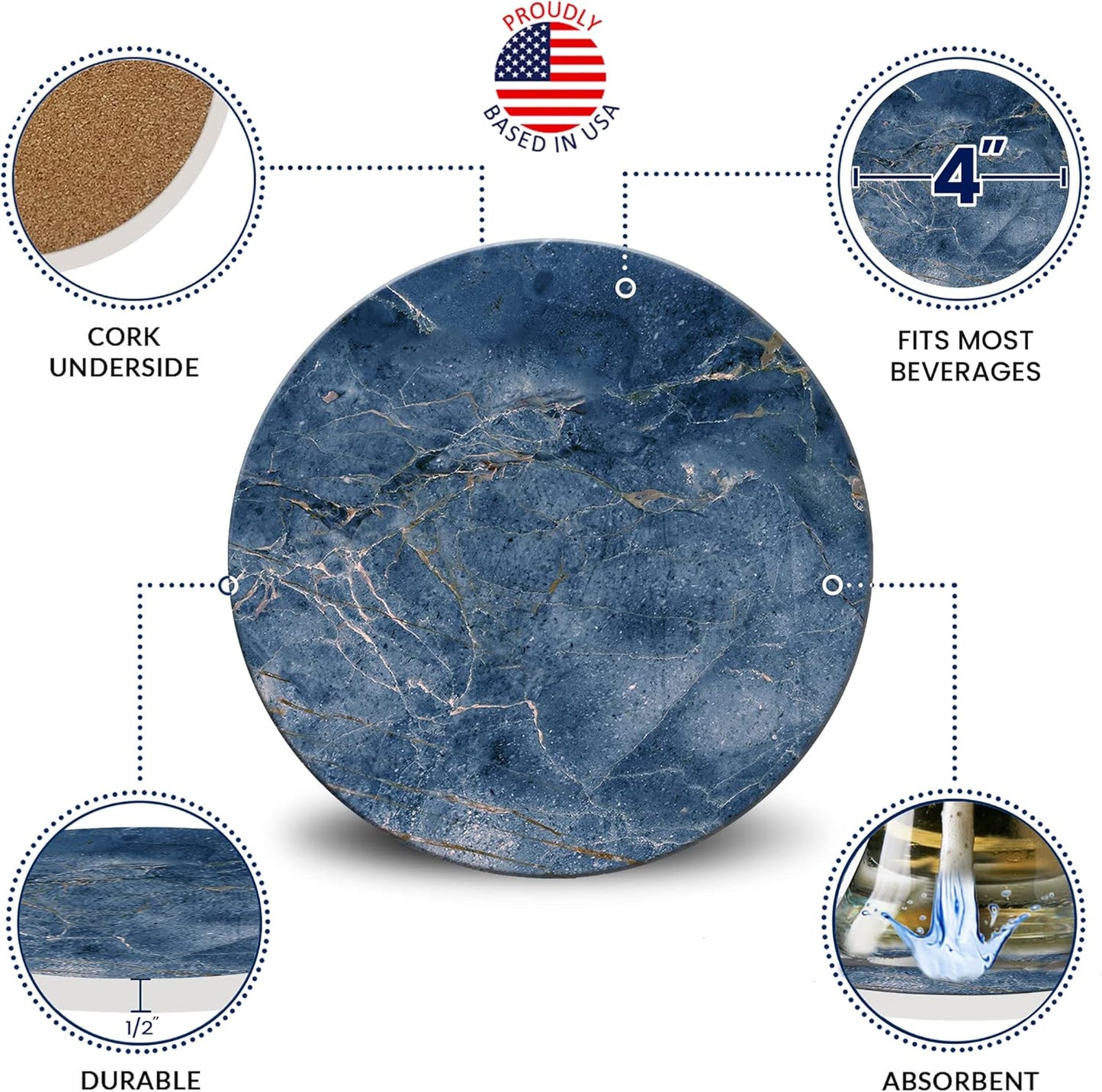 Emerson Coasters for Drinks Absorbent Set of 6 with Holder – Marble Style Coasters – Coasters for Drinks – Drink Coasters for Coffee Table – 100% Ceramic Stone Non Slip – Heavy Duty (Ocean)