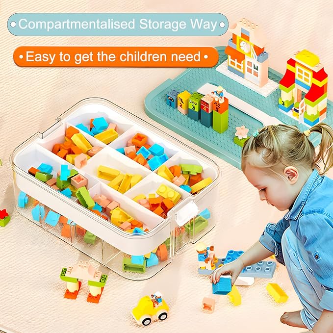 Plastic Storage Organizer for Lego, Stackable Toy Containers with Lids and Handle, Clear Toy Storage Box Chest with Removable Tray for Kids Nursery, Closet, Playroom- Toy Blocks Not Included (1 Tier)