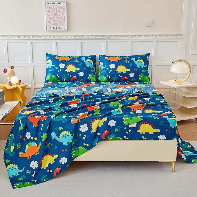 RYNGHIPY Kids Dinosaur Sheets Set for Boys Soft Microfiber Dino Sheets for Twin Size Bed Deep Pocket Fitted Sheet Flat Sheet and Pillowcase (Blue Dinosaur,Full)