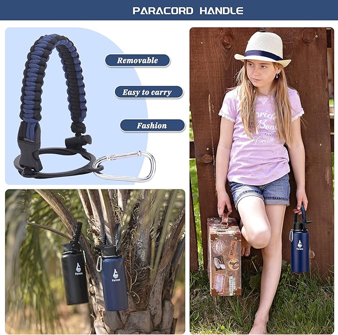 Farsea Insulated Water Bottle with Straw Lid & Spout Lid & Paracord Handle, Stainless Steel Water Bottle Wide Mouth, Double Wall Sweat-Proof BPA-Free, 32 oz, Blue