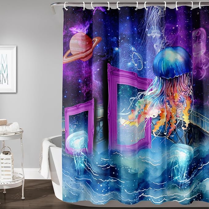AILONEN Colorful Jellyfish Shower Curtains,Purple Galaxy Bath Curtains,Planet Jellyfish Curtains for Kids Boys Girls,Polyester Waterproof for Bathroom with 12 Hooks,72" W*96" H Purple