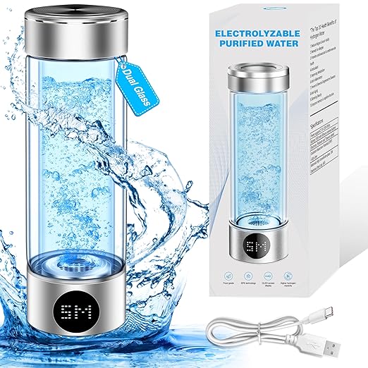 Newest Hydrogen Water Bottle, Hydrogen Water Bottle Generator, Pure Water Electrolysis, Double Glass, Power Display, Electrolysis Timer, for Office, Travel, Gift for Love