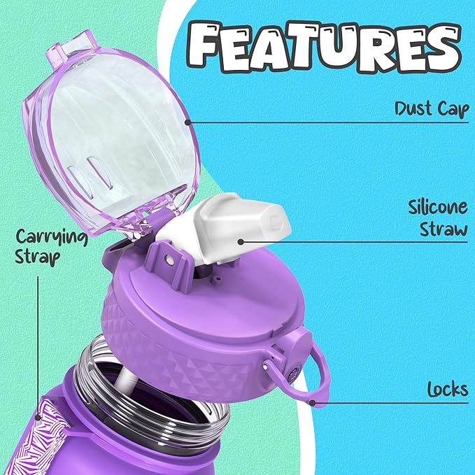 OLDLEY Kids Water Bottle for School, 17 oz (Straw Lid) BPA-Free Reusable Leak-proof Durable Tritan Plastic Water Bottles with One-handed Opening Straw Lids, Anti-dust Spout Cover (Macaroon)