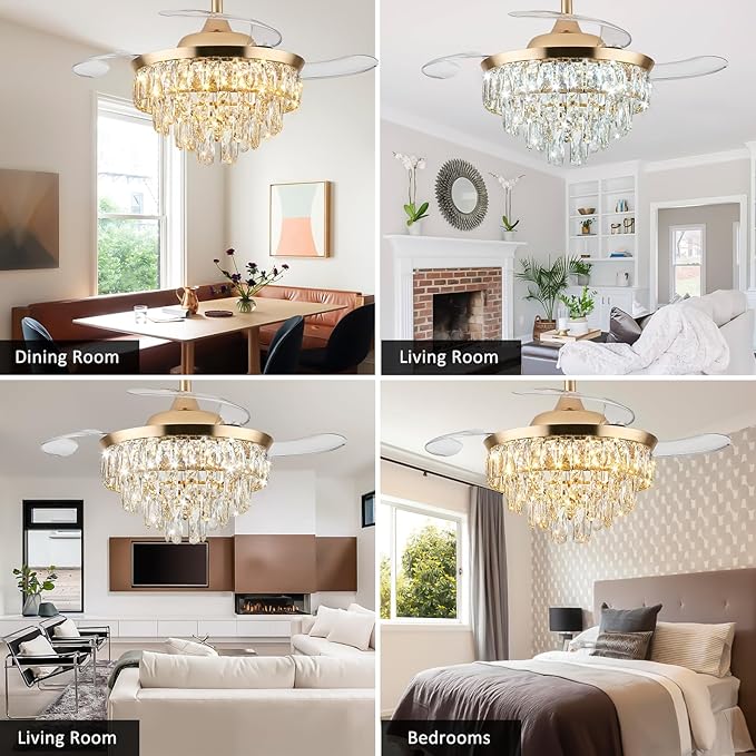 LEONTYNE 36" Modern Crystal Ceiling Fan with Lights and Remote Invisible Retractable LED Dimmable Chandelier Fan 3 Blades 6 Speeds Fandelier for Bedroom Living Room Dining Room(Gold)